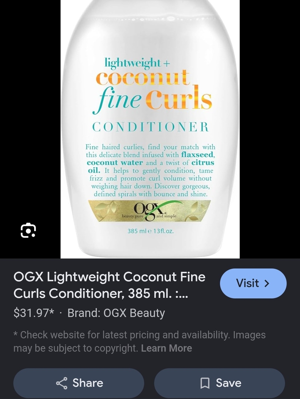 OGX Lightweight Coconut Fine Curls Conditioner – White